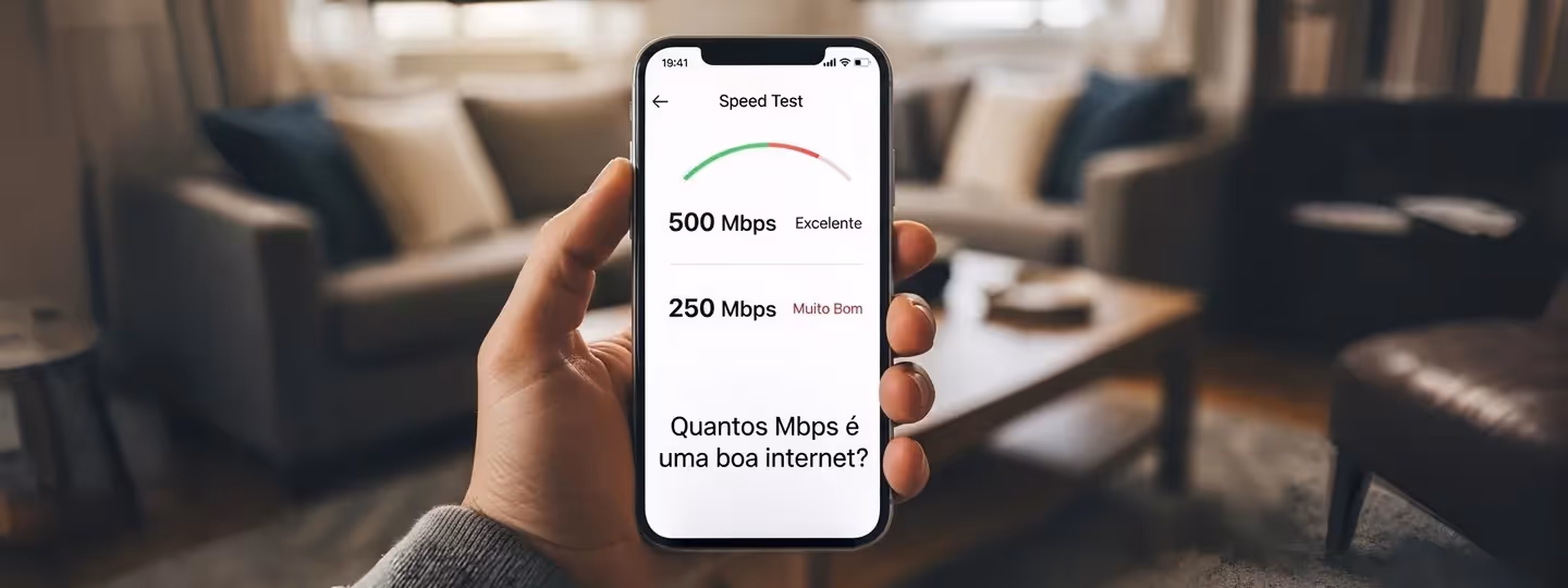 Teste de velocidade mostra 500 Mbps em smartphone na sala