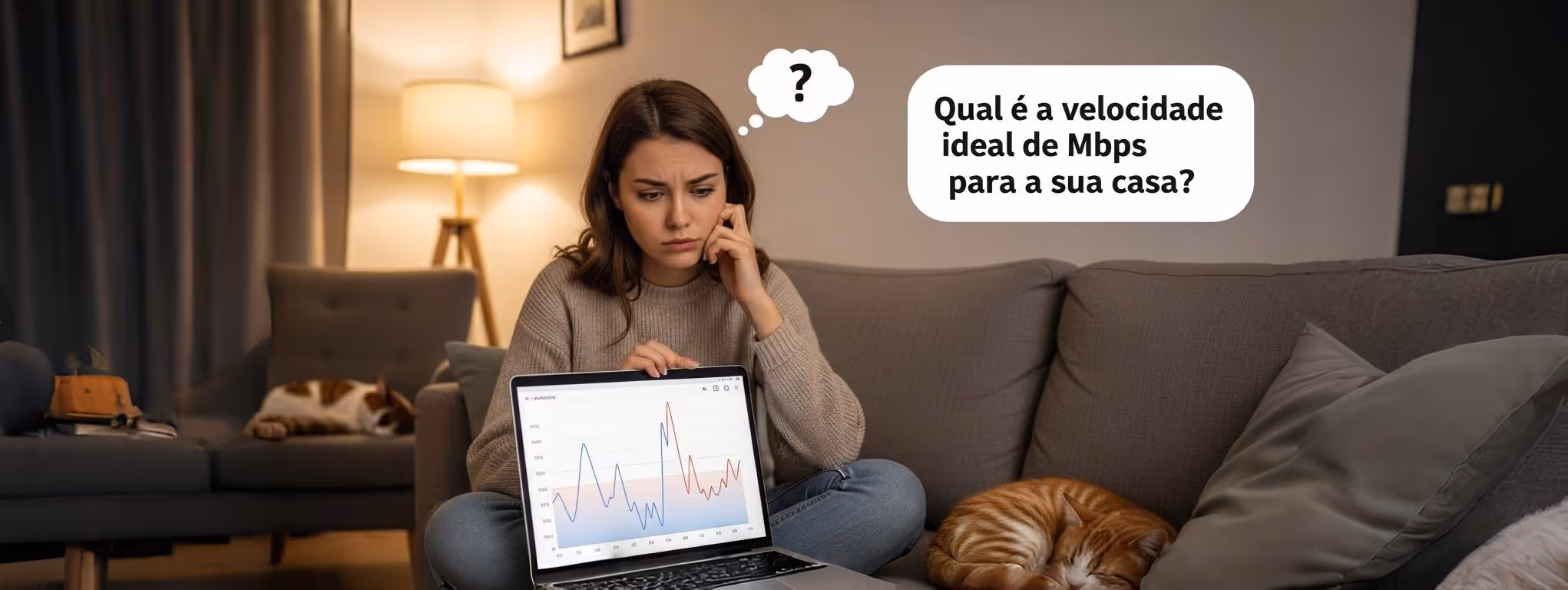 Mulher preocupada analisa velocidade de internet em casa