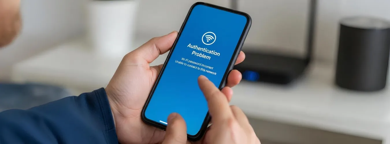 Mãos segurando celular com mensagem azul de erro de autenticação Wi-Fi.