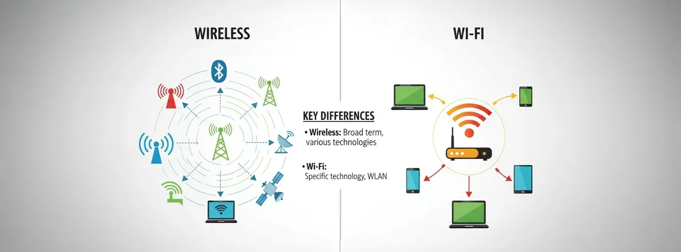 Diferenças entre conexões wireless e Wi-Fi ilustradas graficamente
