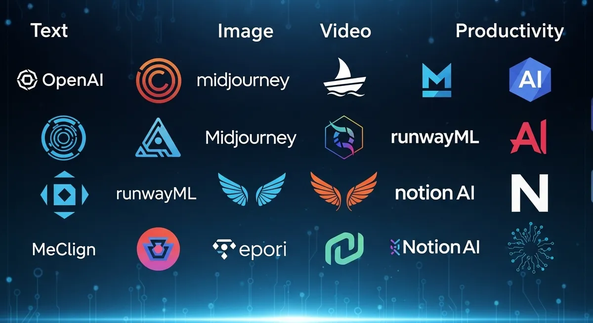 Logotipos de ferramentas de IA como OpenAI e Midjourney
