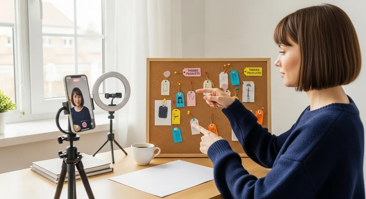Criadora grava vídeo com celular mostrando quadro de produtos tagueados