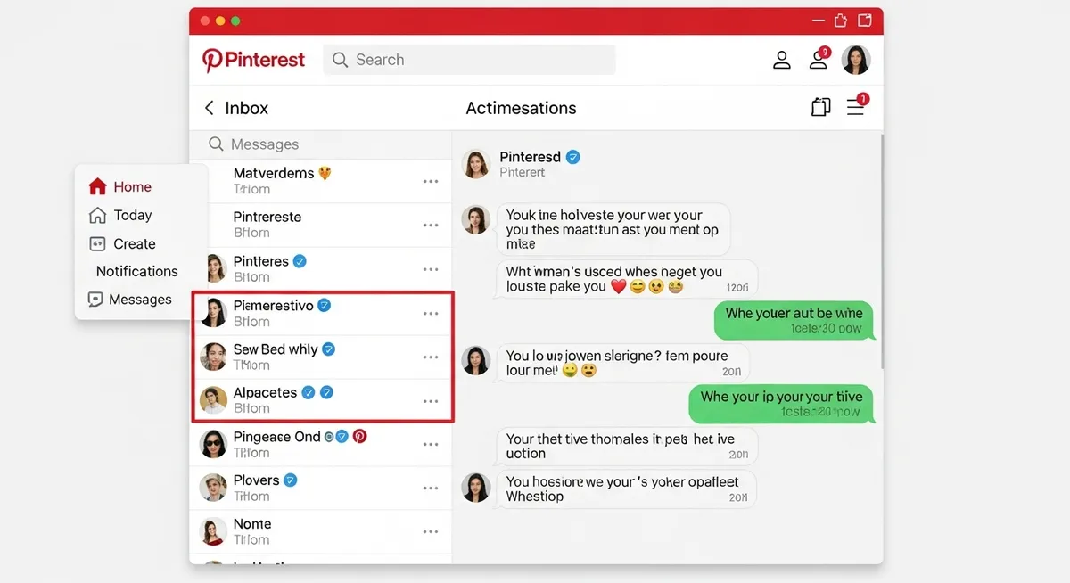 Interface do Pinterest exibindo lista de conversas e mensagens