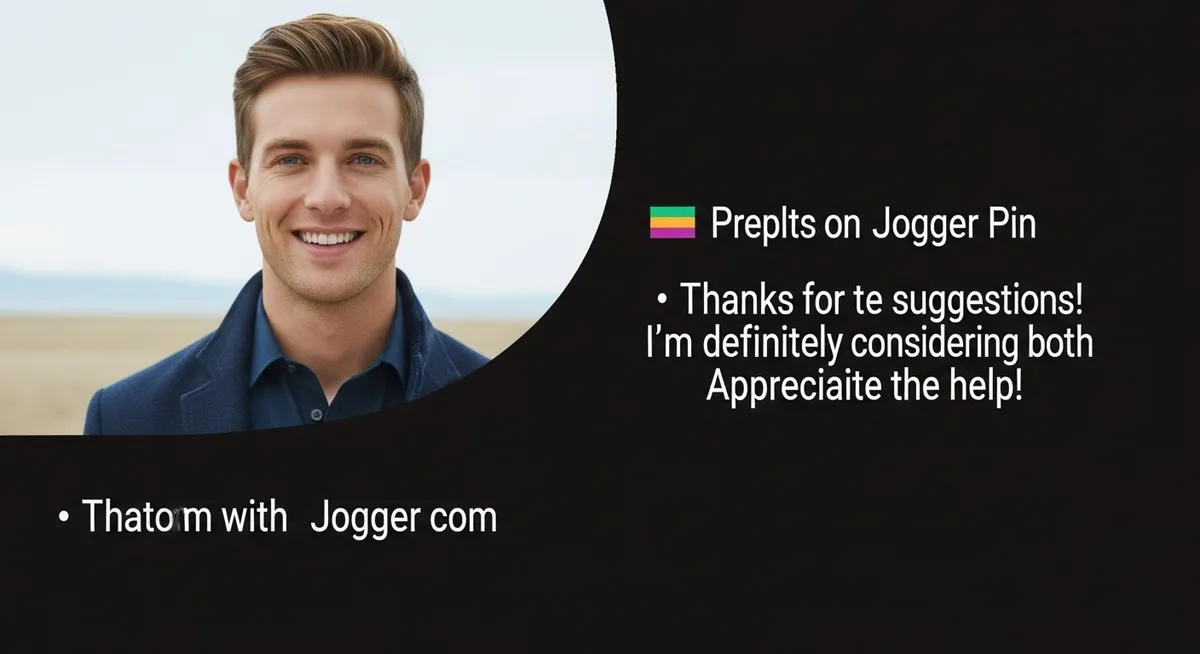 Homem sorrindo com comentários exibidos ao lado em layout escuro