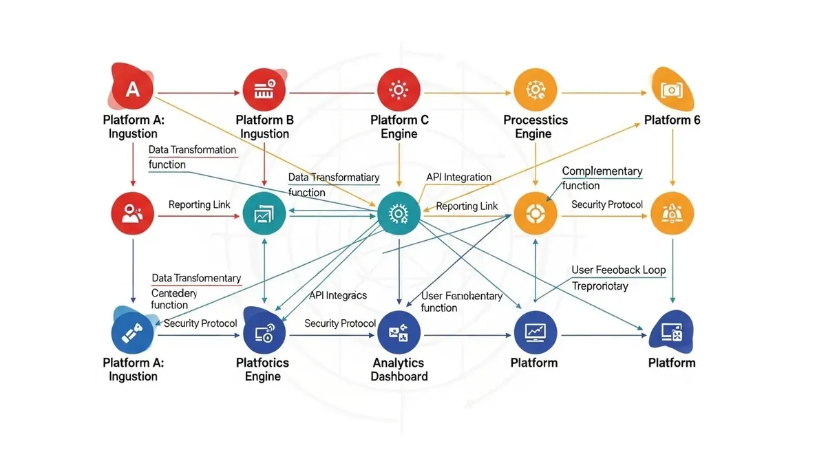 diagrama conecta multiplas plataformas com fluxos e funcoes variadas