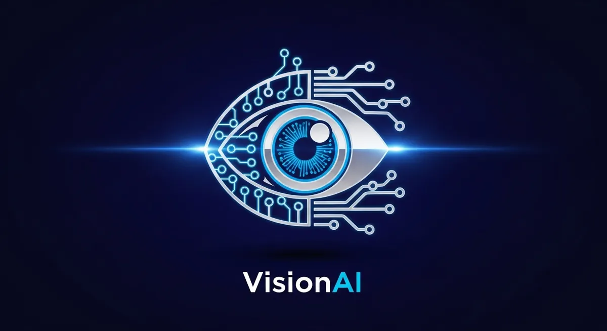 Logo VisionAI com olho digital azul e circuitos tecnológicos
