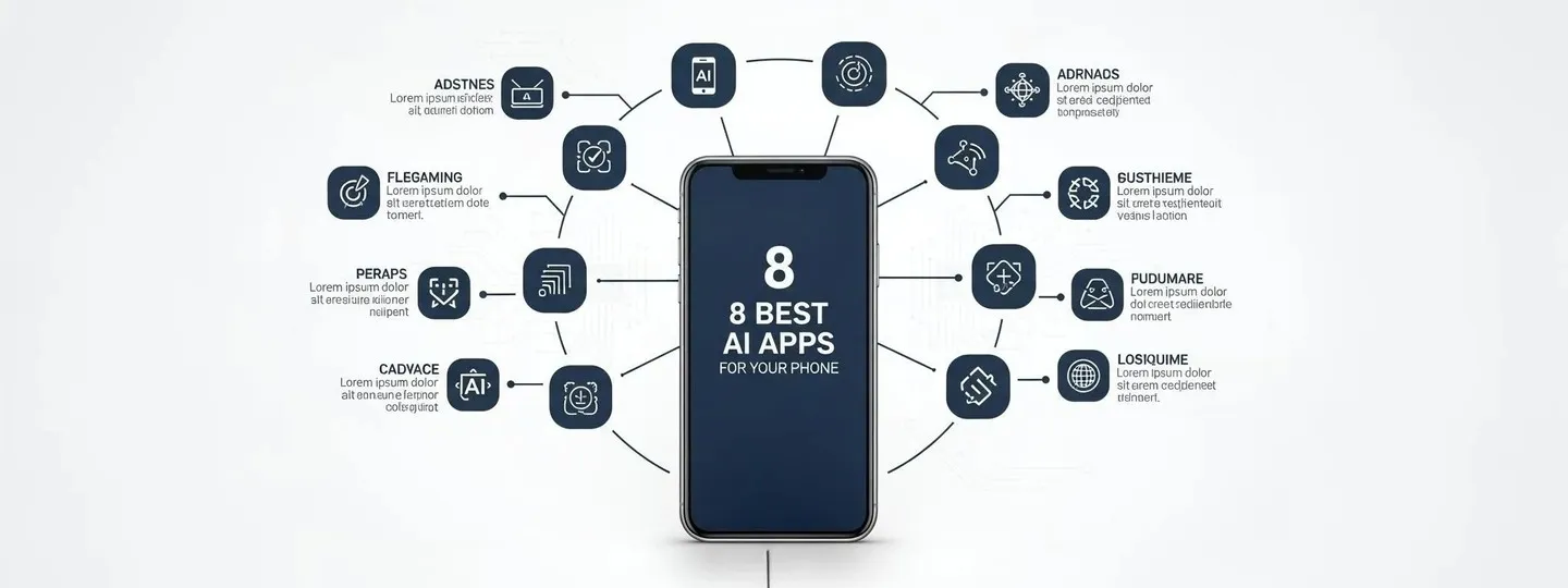 Infográfico com celular e ícones mostrando os 8 melhores apps de IA