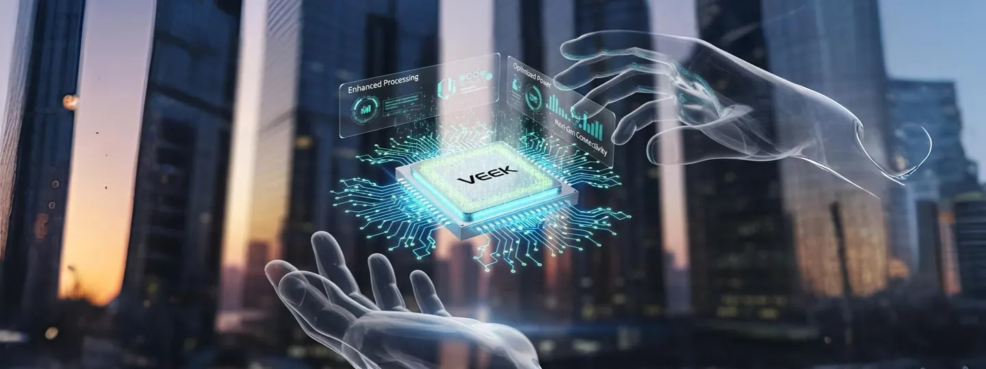 Representação futurista de um microchip "VEEK" brilhante, flutuando sobre uma placa de circuito em meio a mãos holográficas, com gráficos de "Enhanced Processing" e "Fast Connectivity" em um cenário de arranha-céus.