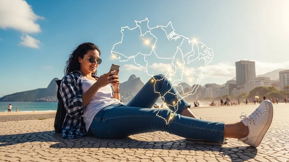 Mão segurando um celular exibindo a tela de "Activation" (Ativação) do serviço "veek" com a imagem de um cartão com código de barras, simulando a ativação de um eSIM ou SIM Card.