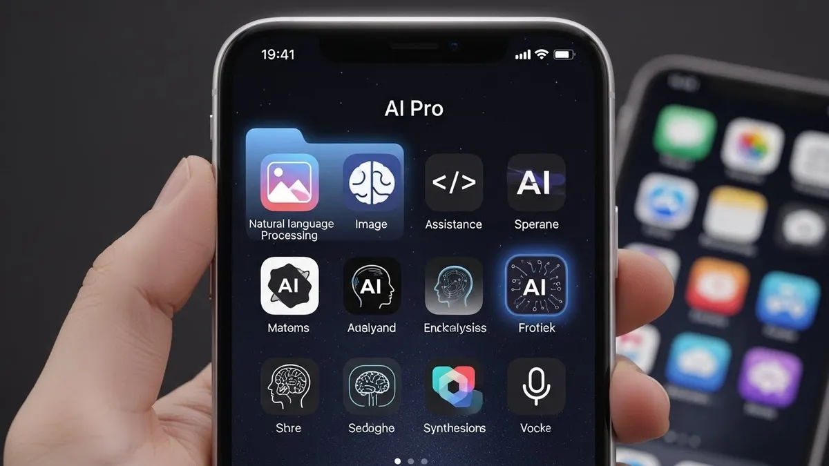 Tela de um celular exibindo uma pasta "AI Pro" com vários ícones de aplicativos de Inteligência Artificial, incluindo processamento de linguagem natural, imagem e assistência.