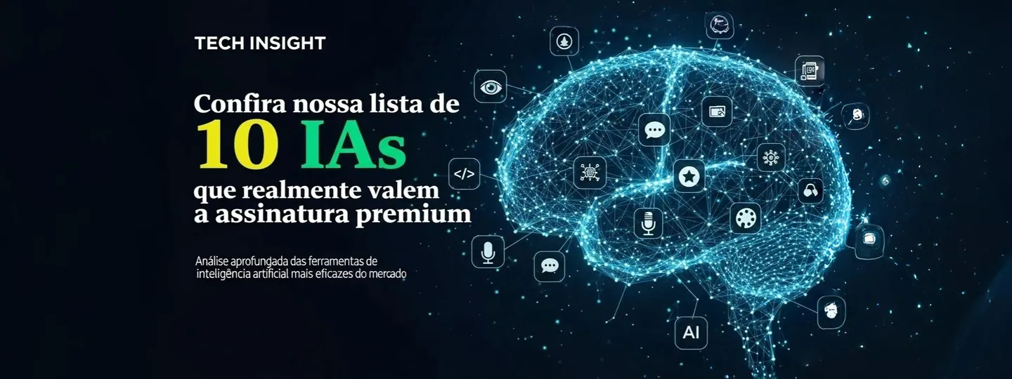 Gráfico de notícia "TECH INSIGHT" com a manchete: "Confira nossa lista de 10 IAs que realmente valem a assinatura premium", sobreposta a uma representação digital azul de um cérebro com ícones de IA.