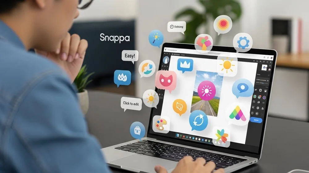 Homem usa laptop com software de edição gráfica Snappa