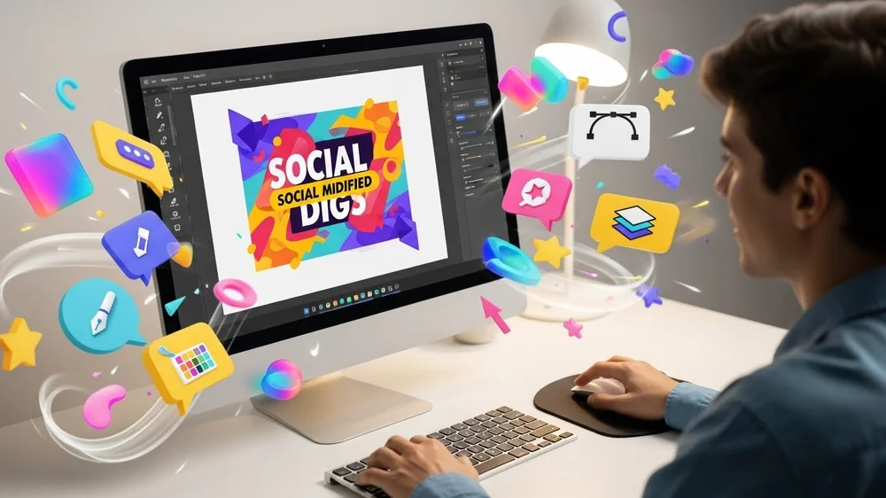 Homem criando gráfico colorido em um computador desktop com ícones flutuantes de design