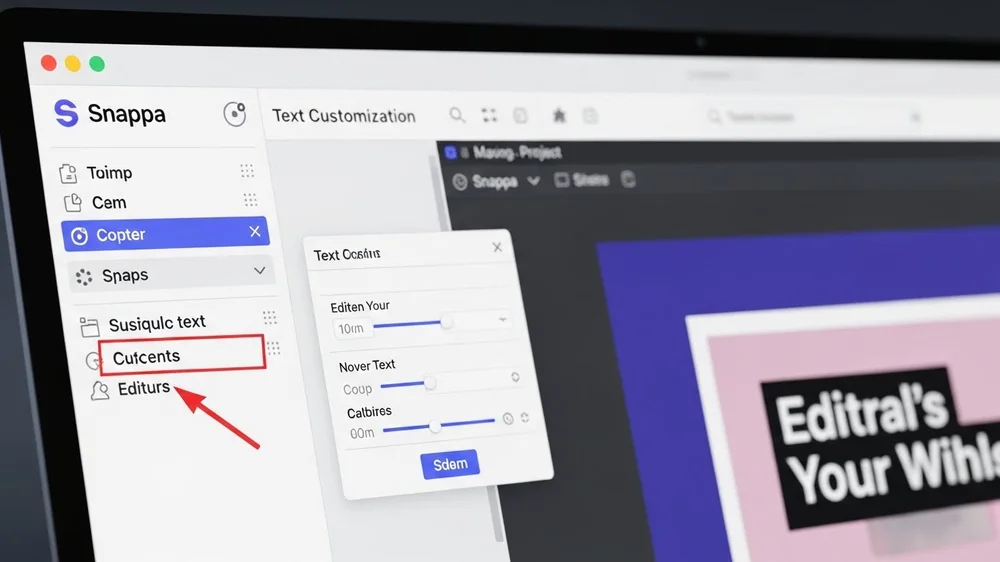 Close-up da interface do Snappa em um laptop, mostrando configurações de personalização de texto