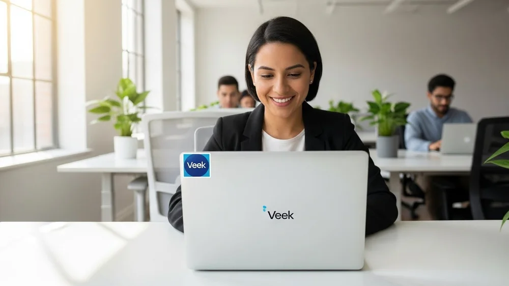 Mulher sorridente trabalhando em um laptop com a marca Veek em um escritório iluminado