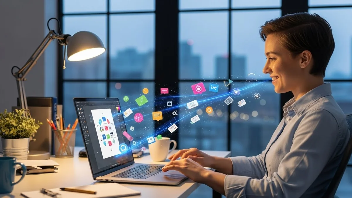 Mulher sorrindo, trabalhando em laptop, com ícones de mídia social flutuando na tela.