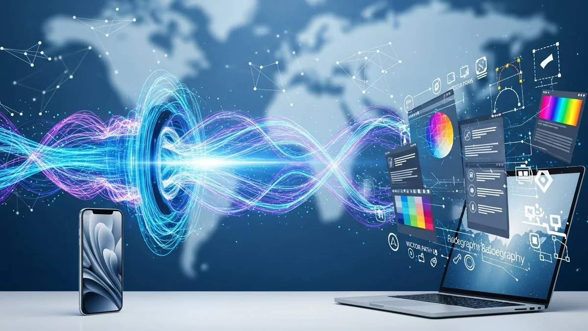 Transferência de dados digitais entre smartphone e laptop com mapa-múndi de fundo.