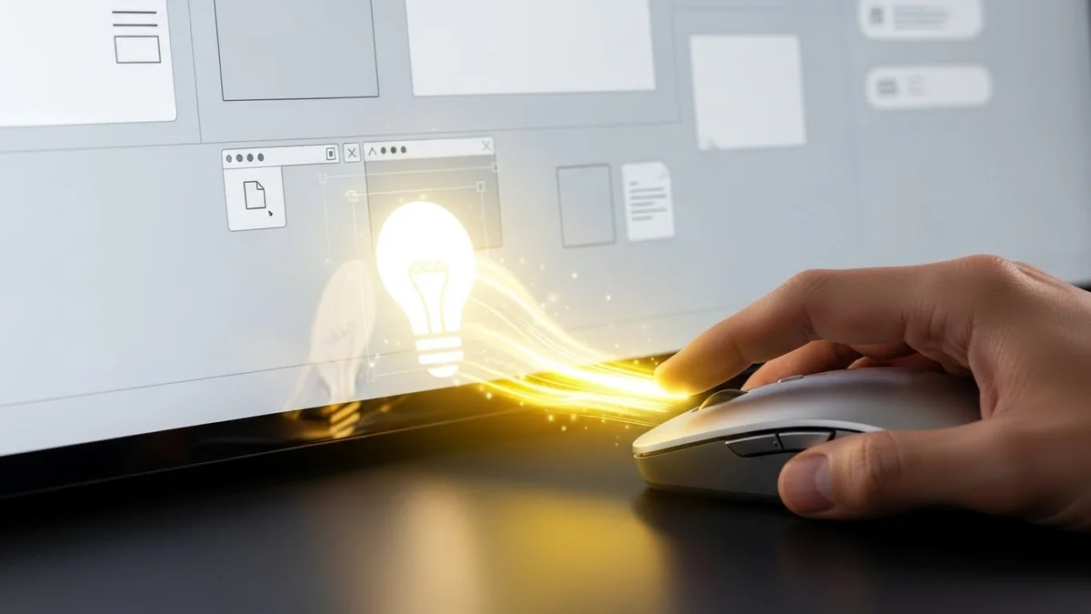 Mão usando mouse em frente a um monitor, com ícone de lâmpada brilhante.