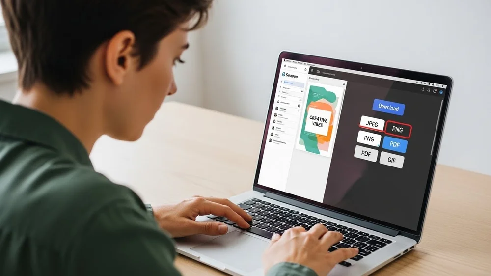 Pessoa usando um laptop e clicando na opção de download PNG em um software de design.