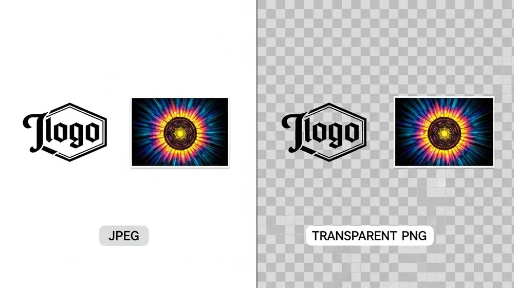 Comparação lado a lado do formato JPEG (fundo branco) e PNG Transparente (fundo quadriculado).