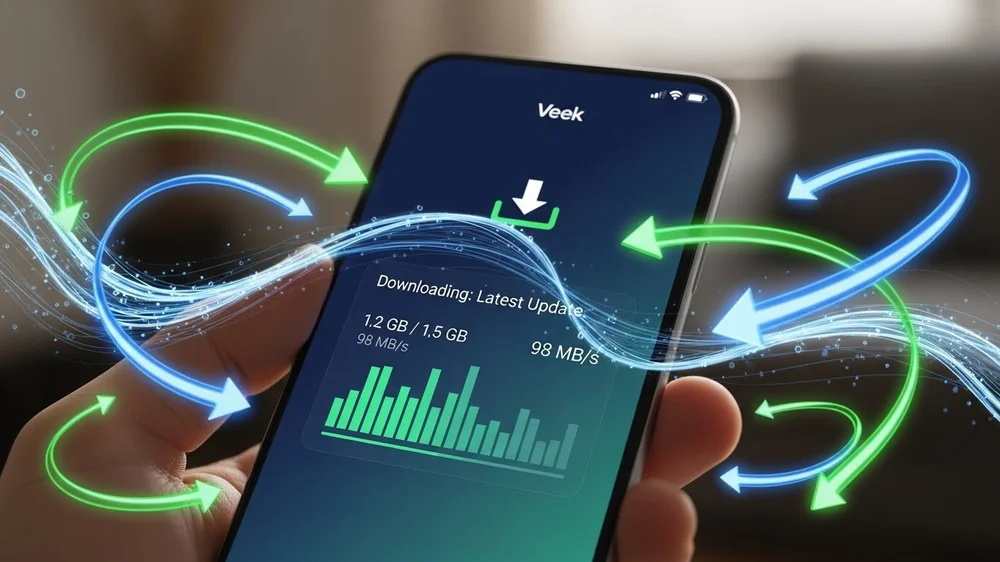 Mão segurando um celular exibindo o progresso de download e atualização com setas de dados ao redor.