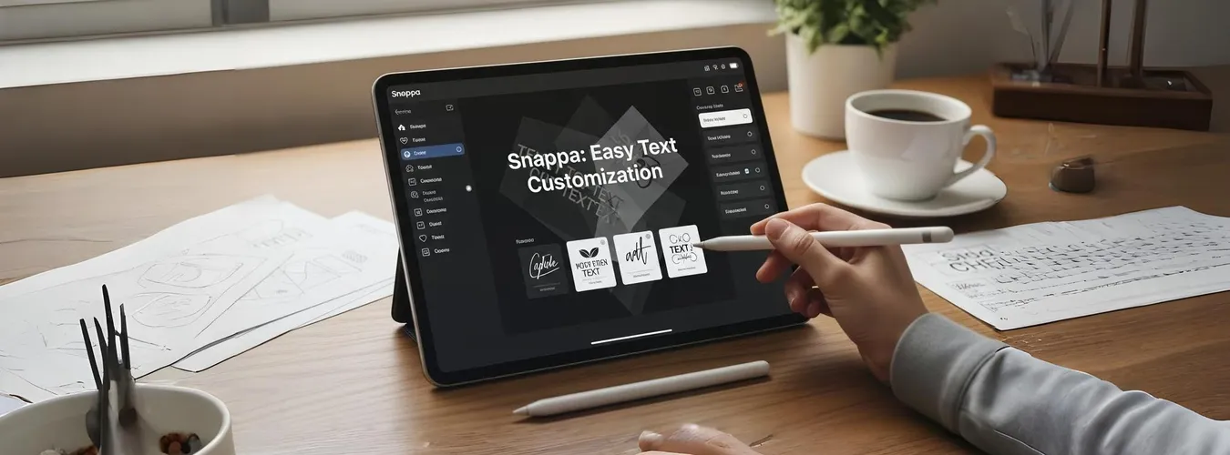 Tablet sobre mesa de madeira exibindo a interface do editor gráfico Snappa, com destaque para a ferramenta de 'Personalização Fácil de Texto' sendo operada com uma caneta stylus.