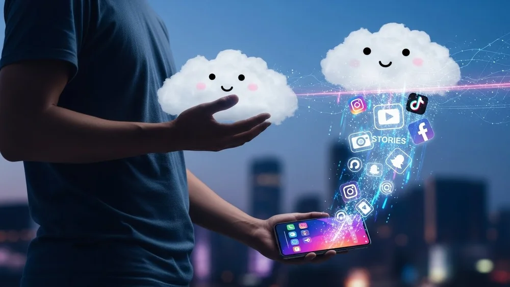 Pessoa segurando um smartphone de onde saem ícones de redes sociais em direção a nuvens com rostos felizes.