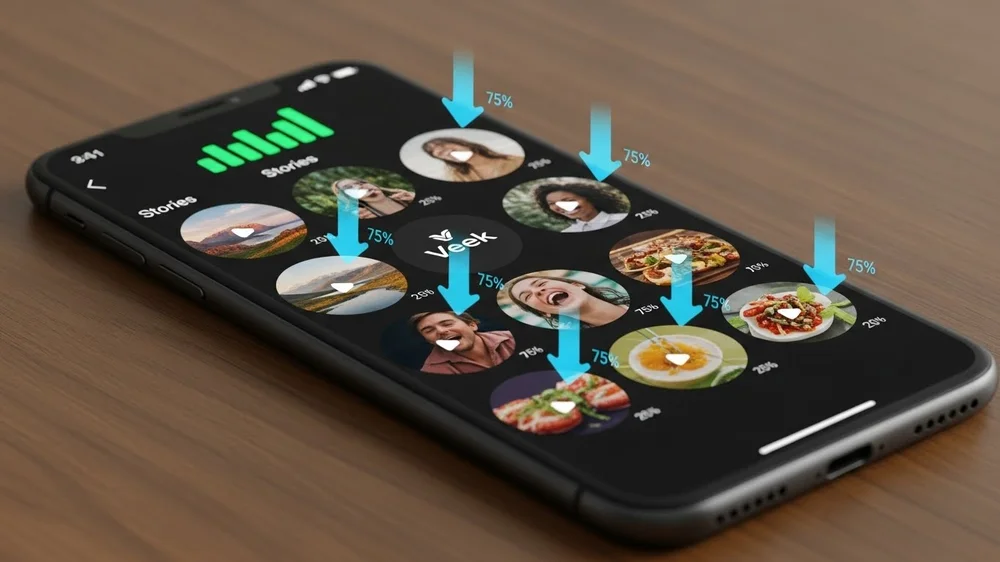 Smartphone sobre mesa de madeira exibindo interface de aplicativo com círculos de "Stories", setas azuis de download e porcentagens.