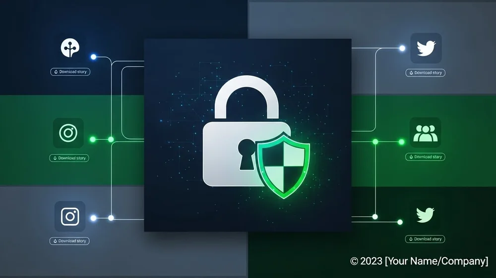 Infográfico sobre segurança digital exibindo um cadeado central com escudo, conectado a ícones de redes sociais e botões de download.