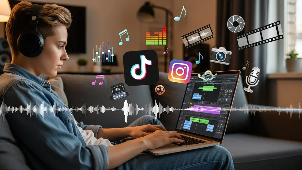 Jovem de fones de ouvido editando vídeo no notebook com ícones flutuantes do TikTok e Instagram e ondas de áudio.