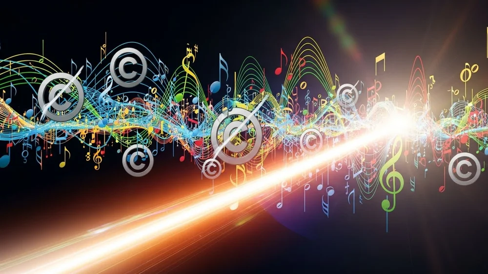 Ilustração abstrata e colorida de ondas sonoras com diversos símbolos de copyright (direitos autorais) flutuando sobre fundo escuro.
