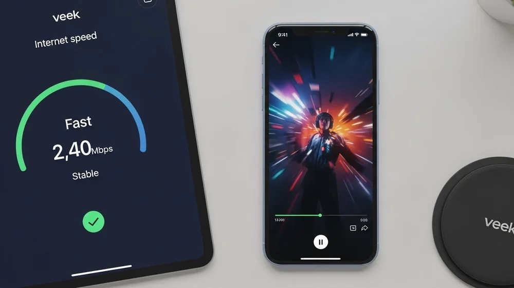 Tablet exibindo teste de velocidade da Veek ao lado de smartphone com vídeo de alta performance e carregador por indução.