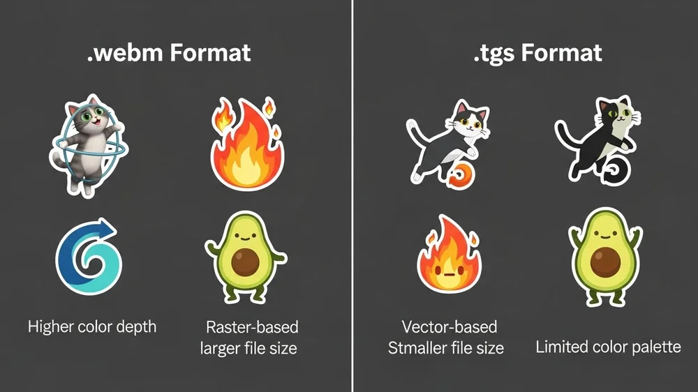 Infográfico comparando stickers em formato .webm (rasterizado) e .tgs (vetorial) com foco em tamanho e cor.