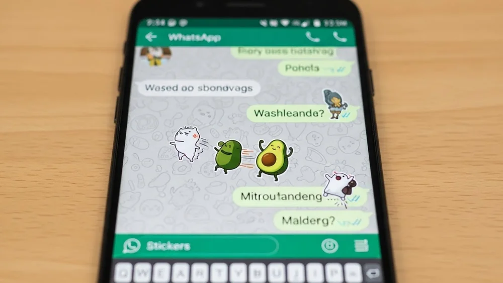 Captura de tela de conversa no WhatsApp com stickers de gatinho e abacates animados em fundo verde.
