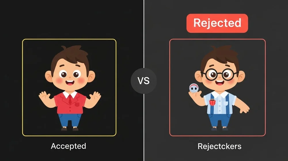 Ilustração comparativa entre dois personagens infantis: um "Aceito" com camisa vermelha e outro "Rejeitado" com óculos.
