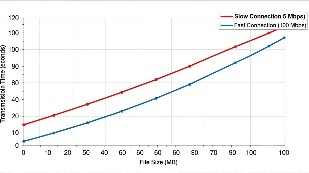 Gráfico de linha comparando tempo de transmissão por tamanho de arquivo entre conexões de internet lenta e rápida.