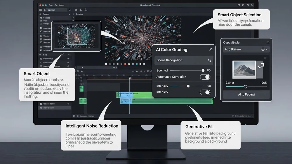 Monitor exibindo software de edição com recursos de IA, como "AI Color Grading", "Generative Fill" e "Intelligent Noise Reduction".
