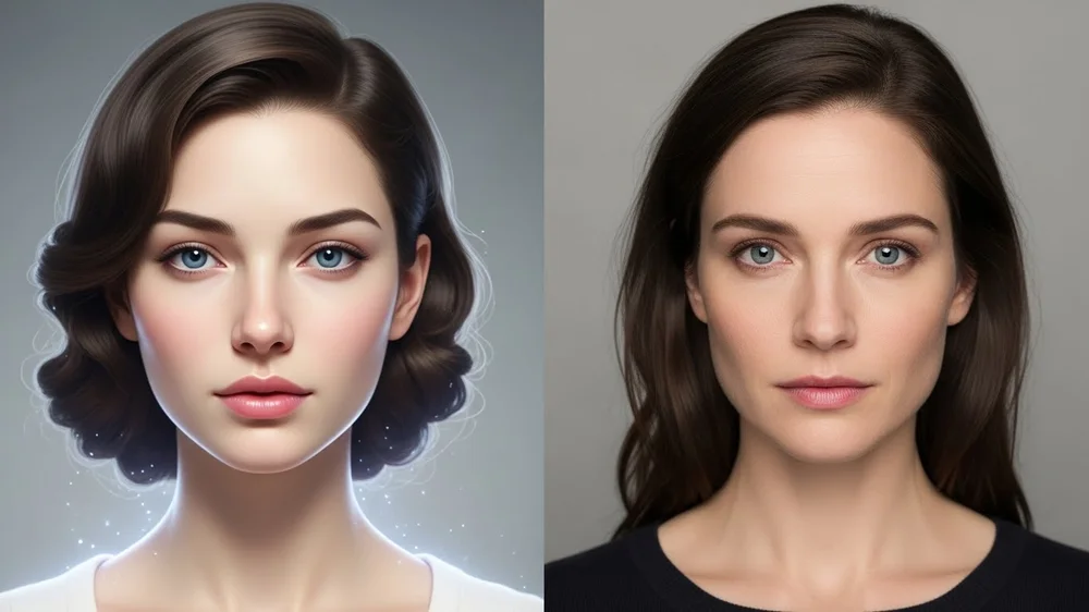 Comparação entre um rosto feminino gerado por IA com traços artísticos e uma fotografia humana realista.