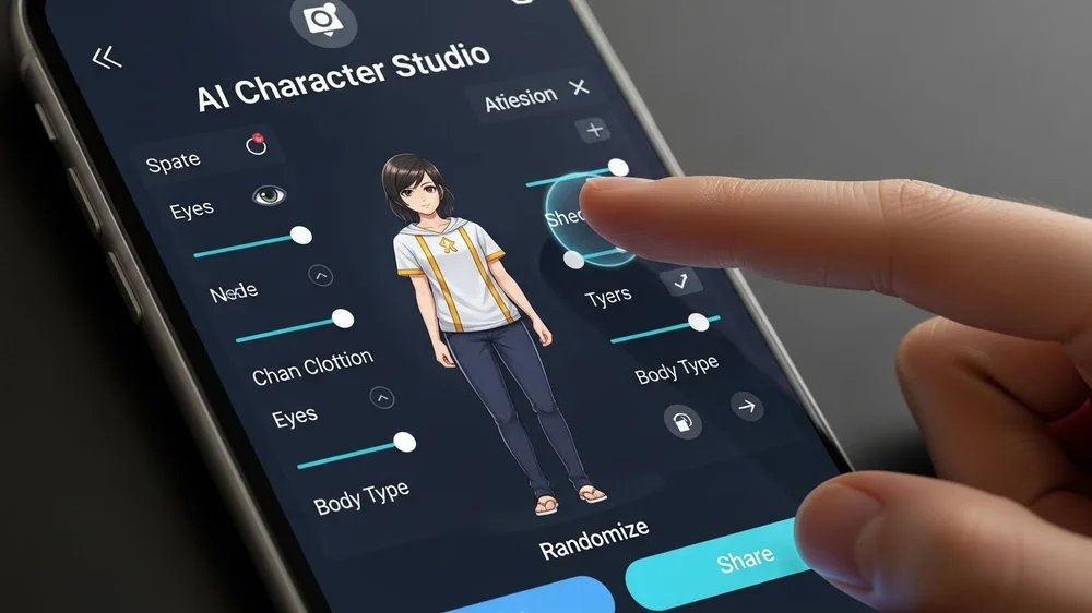 Mão interagindo com a interface de um aplicativo de celular para criar e personalizar personagens digitais.