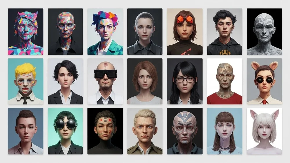 Grade com vários retratos de avatares digitais em diferentes estilos de arte e customização.