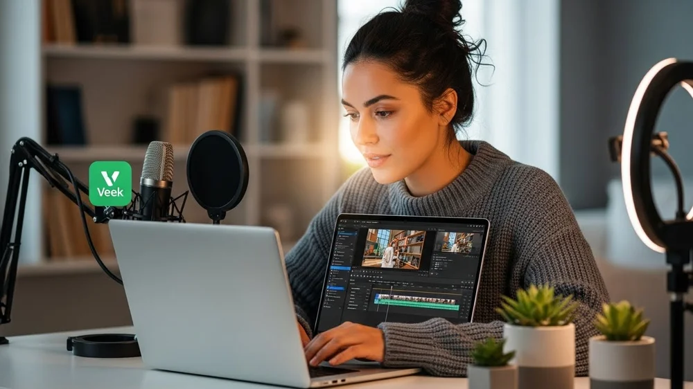 Mulher jovem editando vídeo em um notebook com microfone profissional e anel de luz ao fundo.