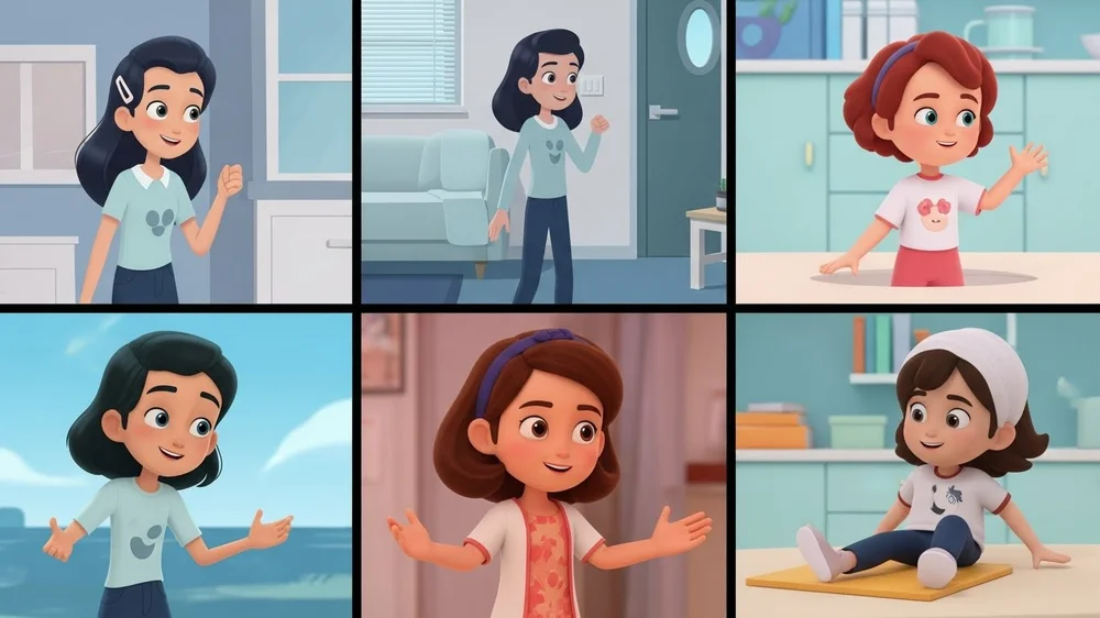 Colagem de seis cenas com personagens de desenho animado 2D em diferentes ambientes domésticos.