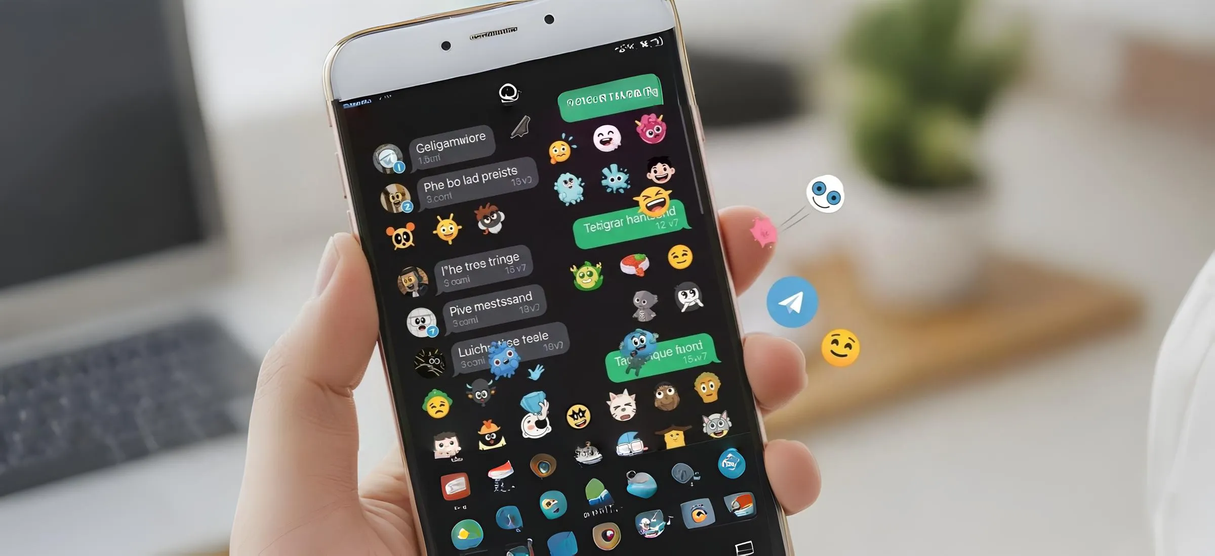 Celular exibindo figurinhas animadas em aplicativo de mensagens