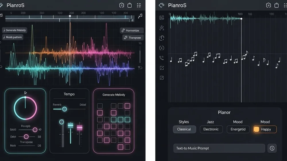 Interface de aplicativo para criação de música com ondas sonoras coloridas e notas musicais.