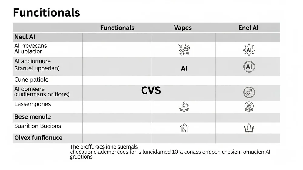 Tabela comparativa de funcionalidades de IA com ícones e colunas em cinza e branco.