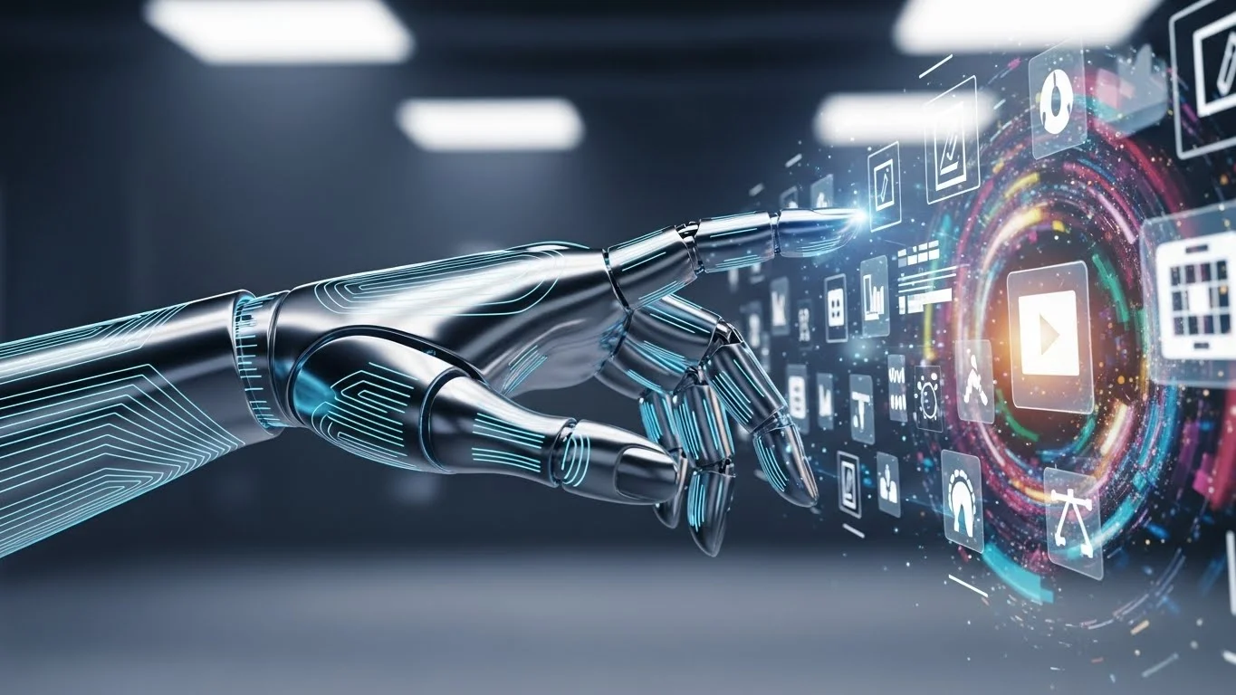 Mão robótica tocando interface digital com ícones de mídia.