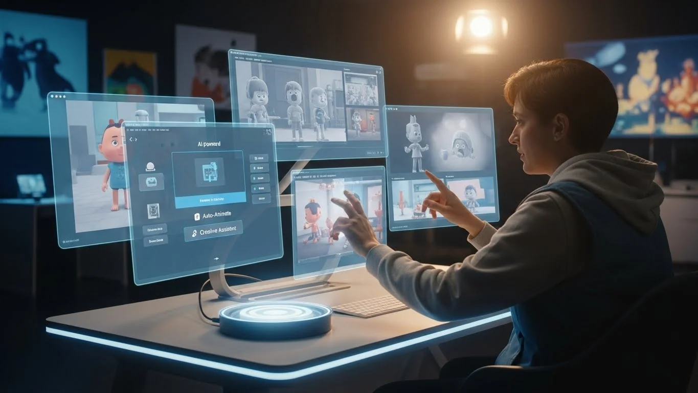 Pessoa interagindo com telas holográficas de animação 3D.