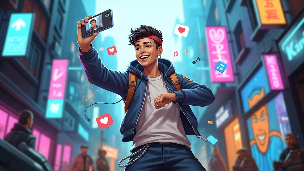 Jovem sorridente faz selfie em rua iluminada com ícones.