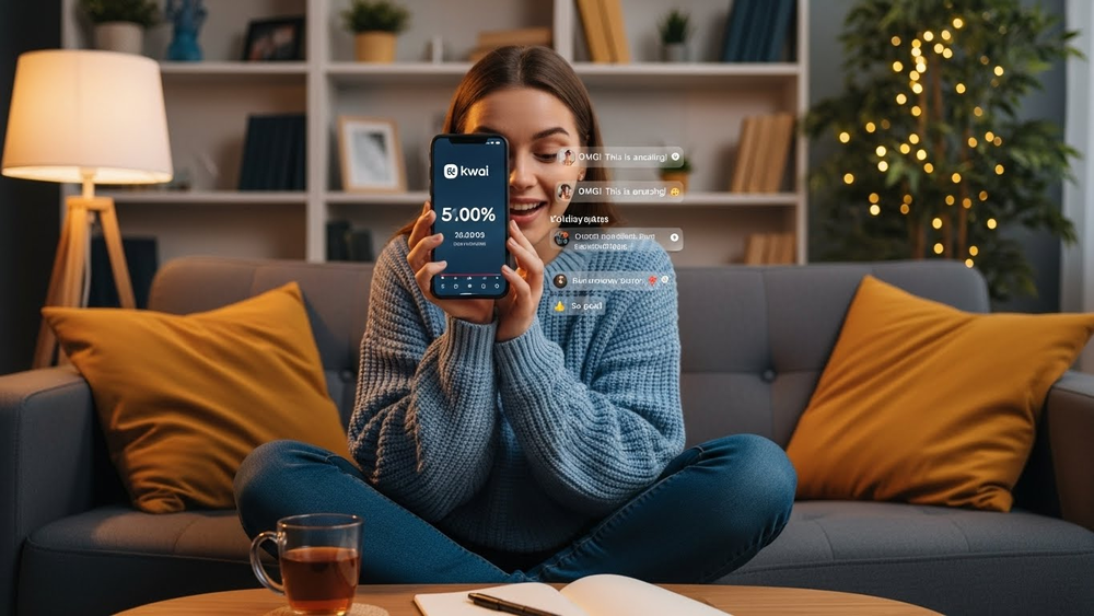 Mulher no sofá mostra tela do Kwai com ganhos e curtidas.