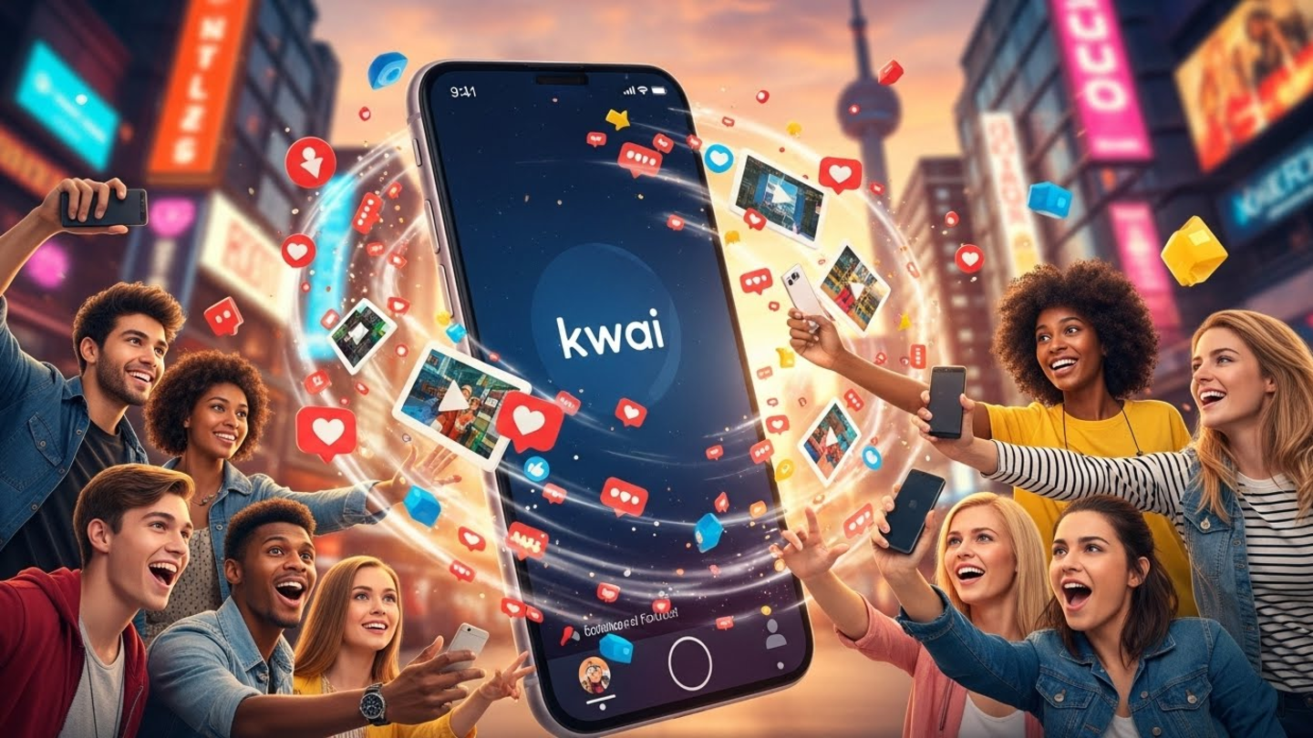 Pessoas celebrando ao redor de celular com logo do Kwai.